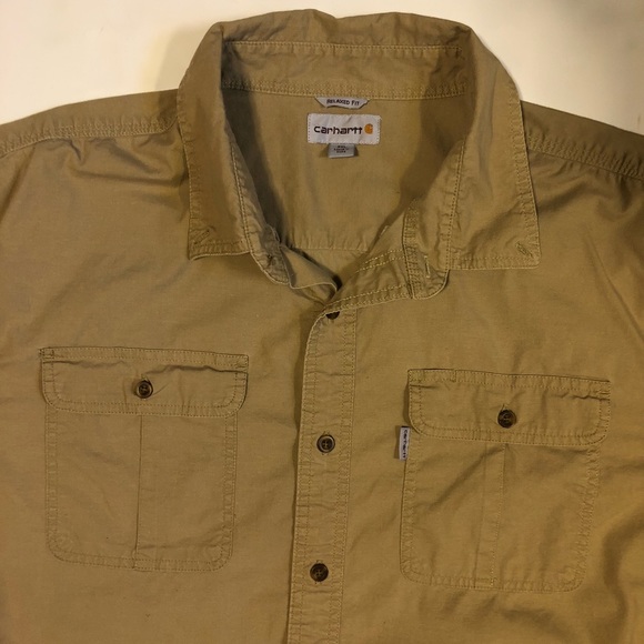 Carhartt Relaxed Fit Button Down Khaki Tan Shirt 2XL - Picture 3 of 8